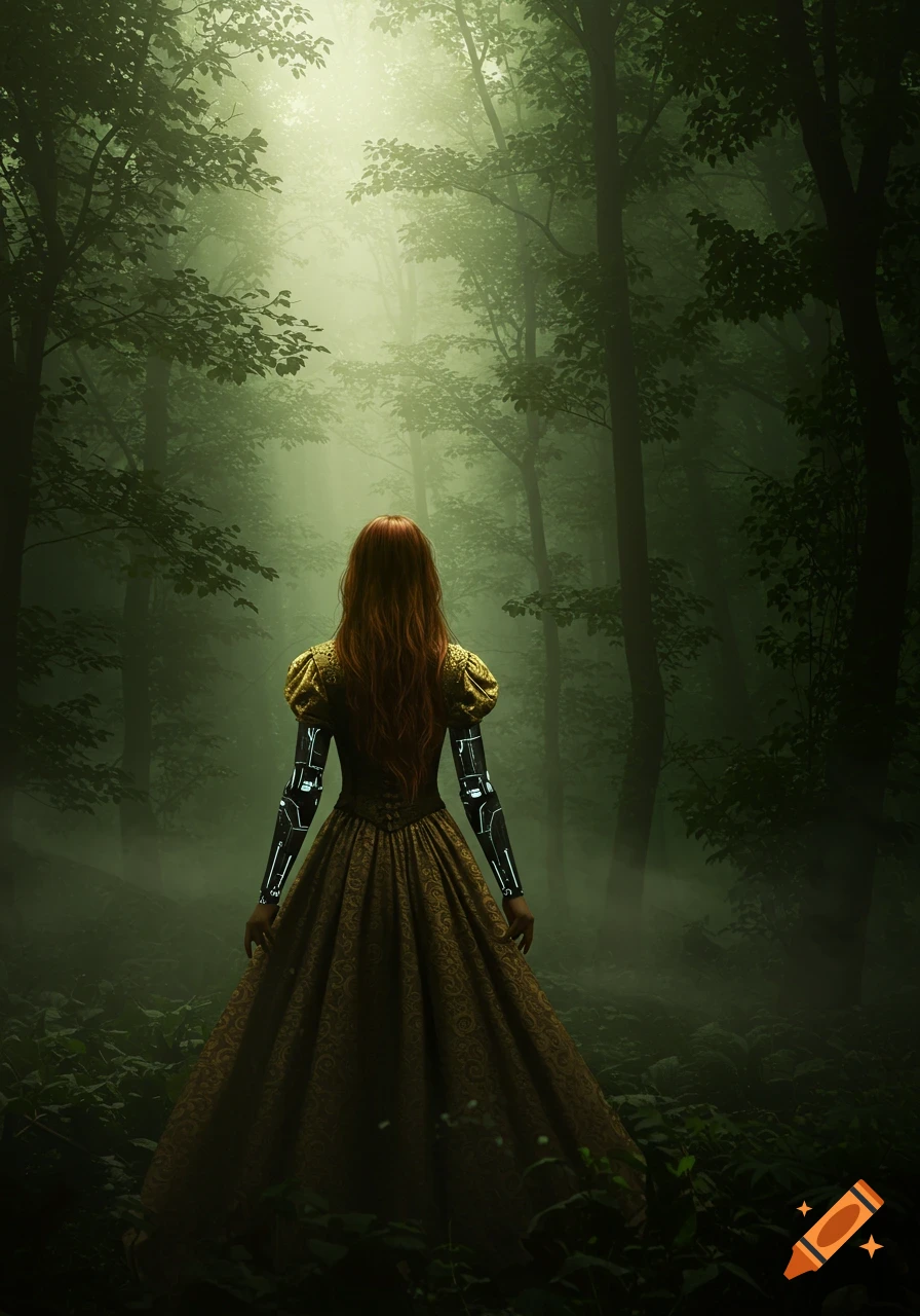 A woman with long red hair, in a golden dress and cybernetic arms, stands in a misty, sunlit forest, viewed from behind.