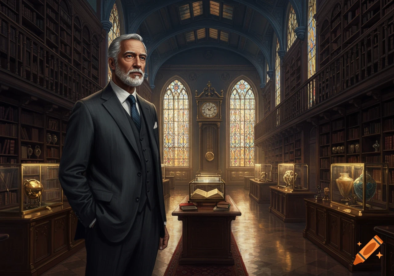 A distinguished man in a dark suit stands in a grand, ornate library with stained glass windows and display cases.