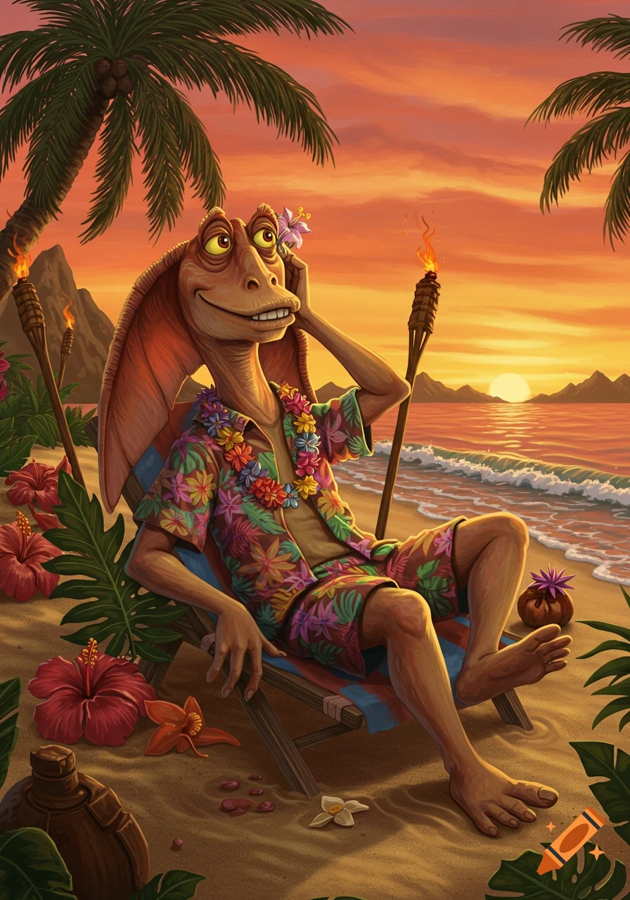 Jar Jar Binks in a Hawaiian shirt and shorts relaxes in a beach chair at sunset, surrounded by palm trees and tiki torches.
