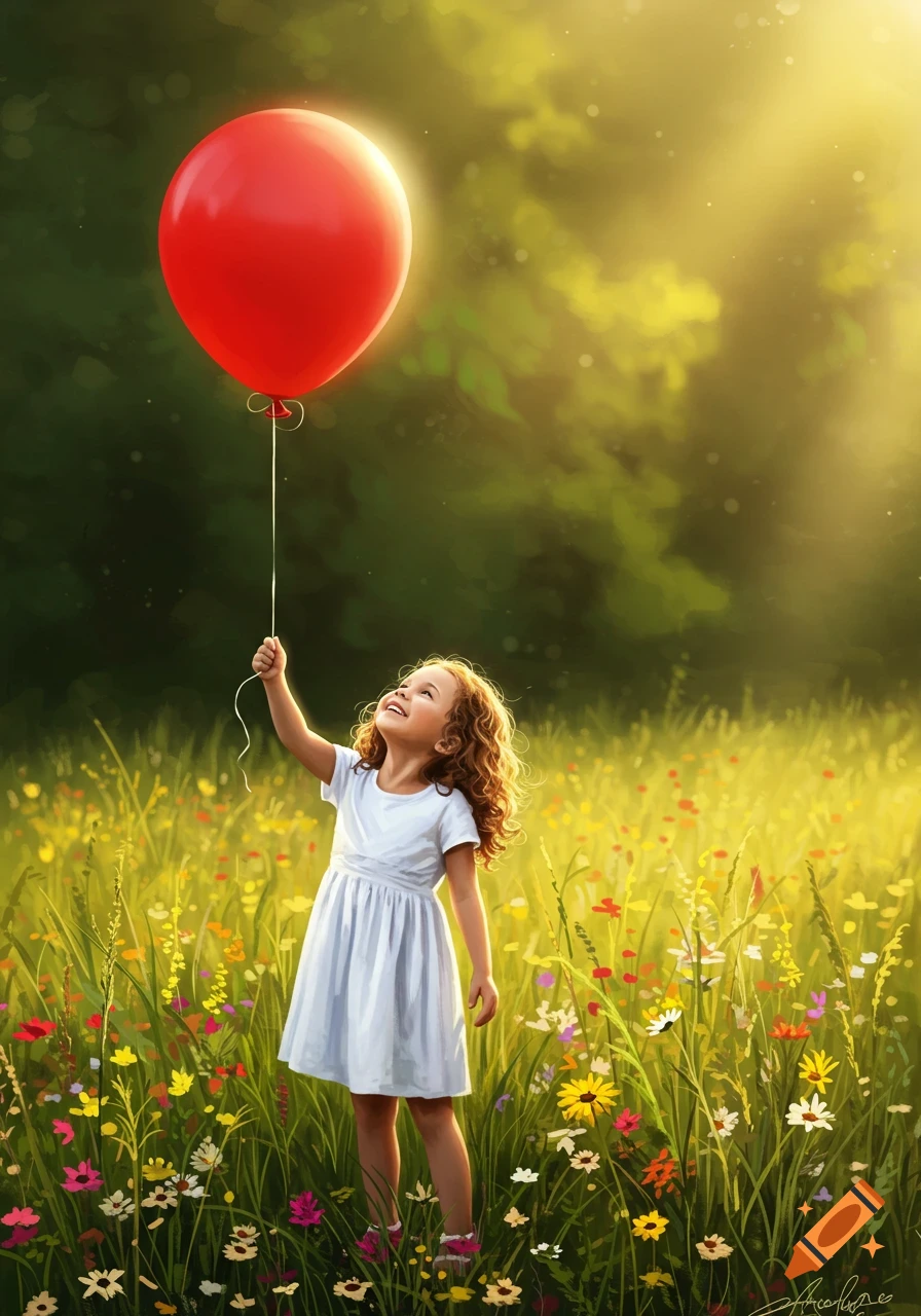 A happy girl in a white dress holds a red balloon in a sunny field of colorful wildflowers, digital illustration.