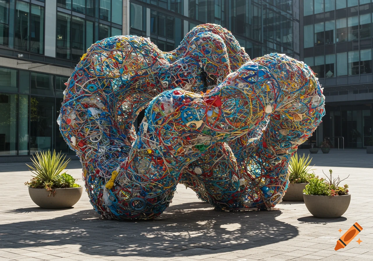 Large, colorful sculpture made of tangled wires and plastic junk on a paved plaza, with a modern building in the background.