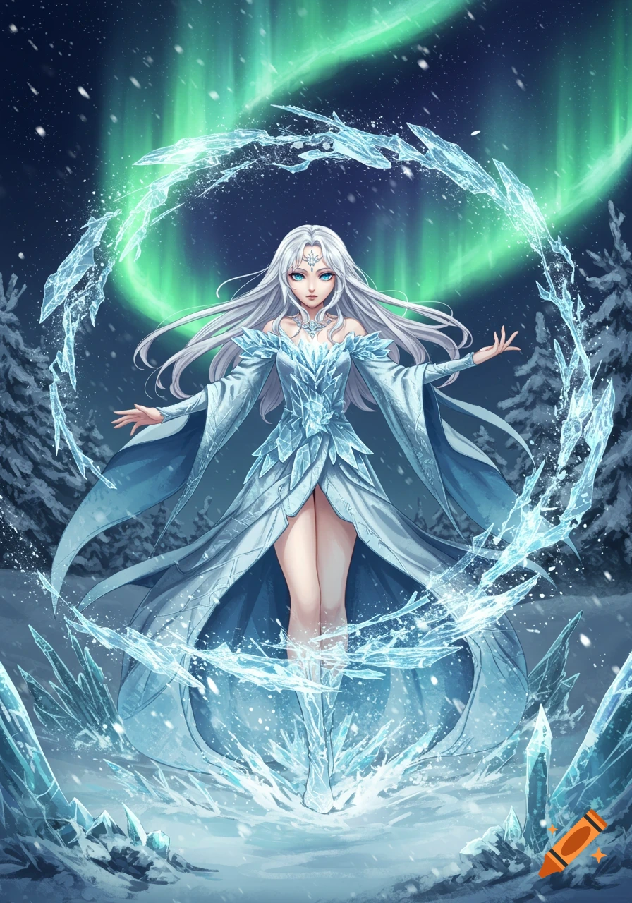 Anime ice queen with white hair in a blue gown, surrounded by ice in a snowy forest under a green aurora.