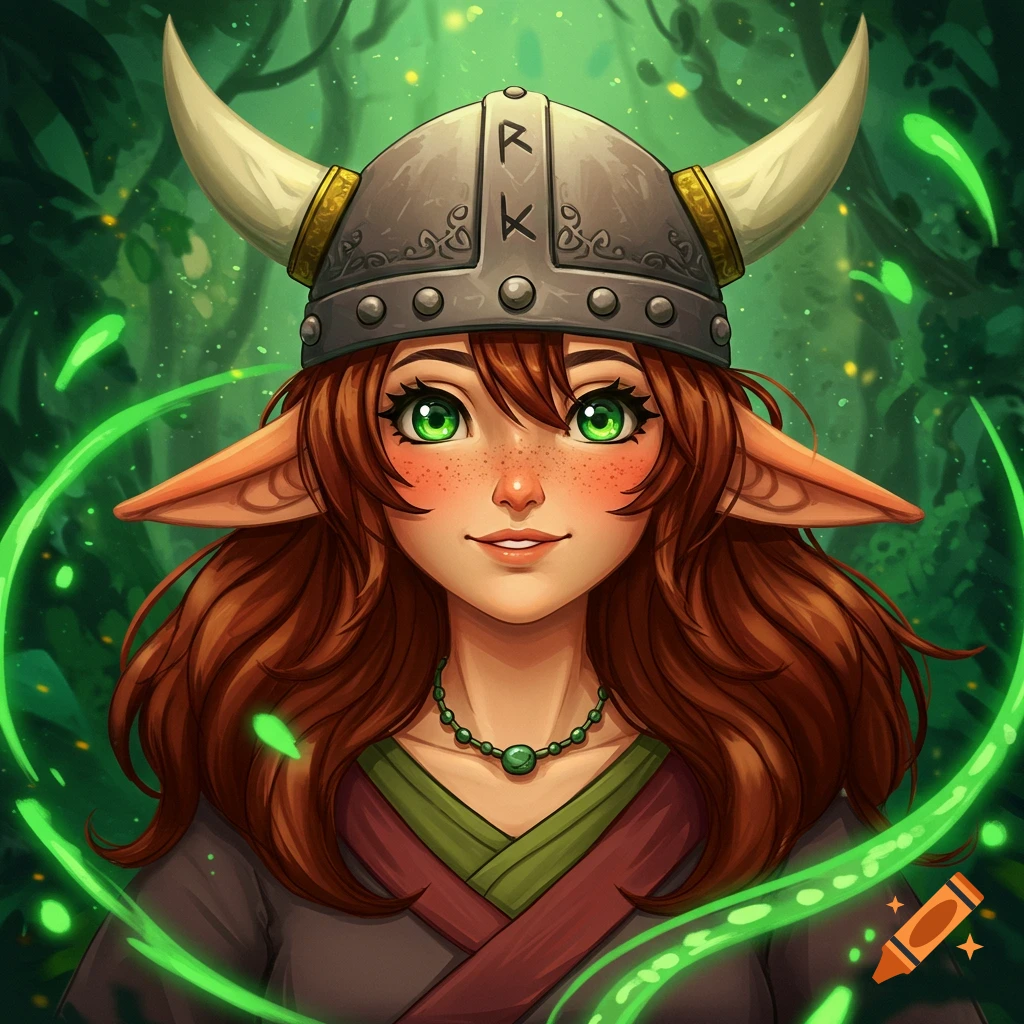 Anime-style portrait of a red-haired elf-like character with green eyes, freckles, rosy cheeks, and a horned Viking helmet, in a forest.
