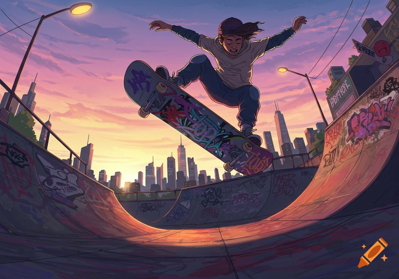 An illustrated image of a skateboarder mid-air in a skatepark against a city skyline at sunset.