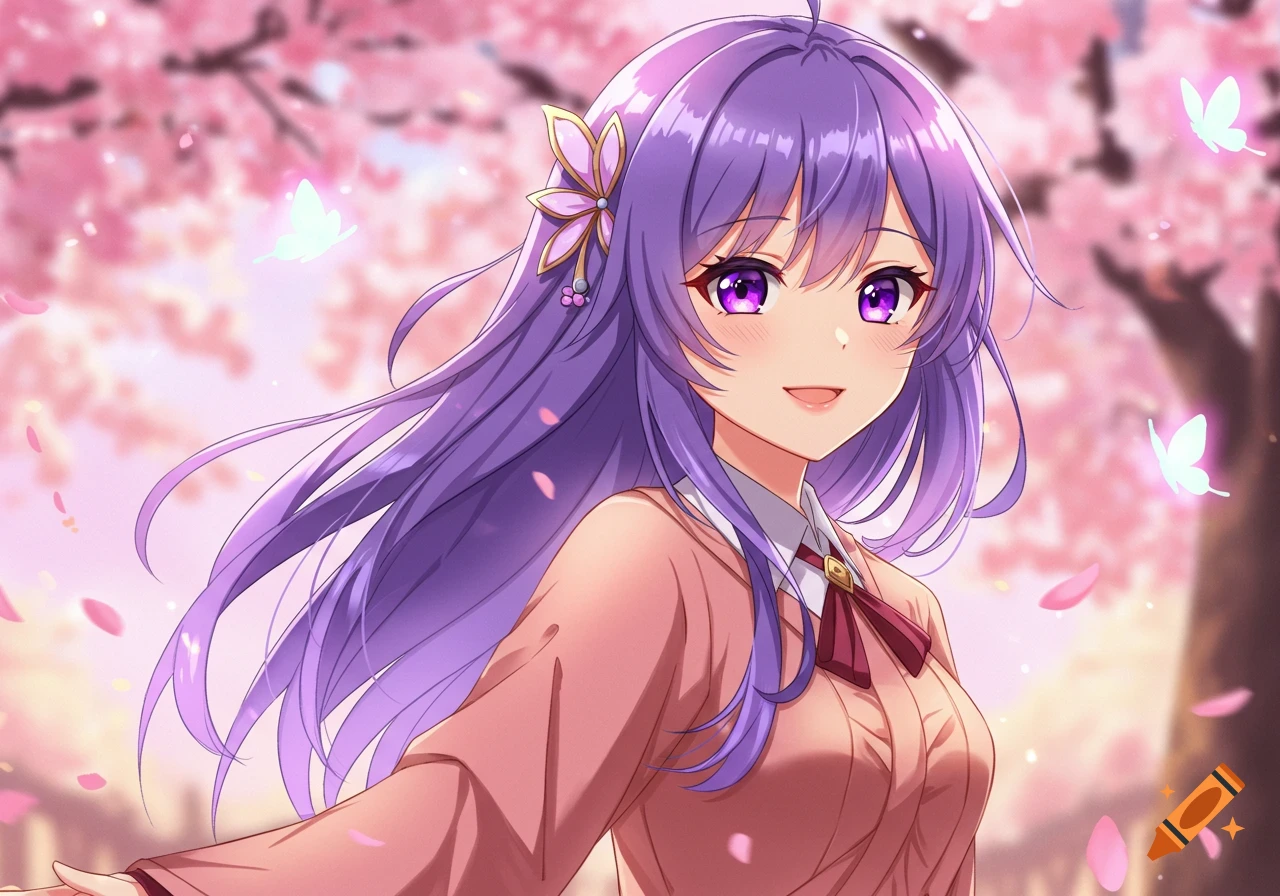 An anime girl with purple hair and eyes smiles under falling cherry blossoms with glowing butterflies.