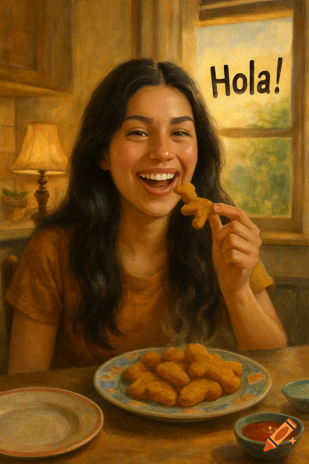 Smiling woman with dark hair eats a dino-shaped chicken nugget; 'Hola!' in background. Realistic art style.