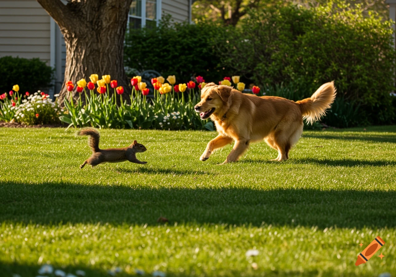 A golden retriever playfully chases a squirrel across a sunny green lawn with red and yellow tulips in the background.