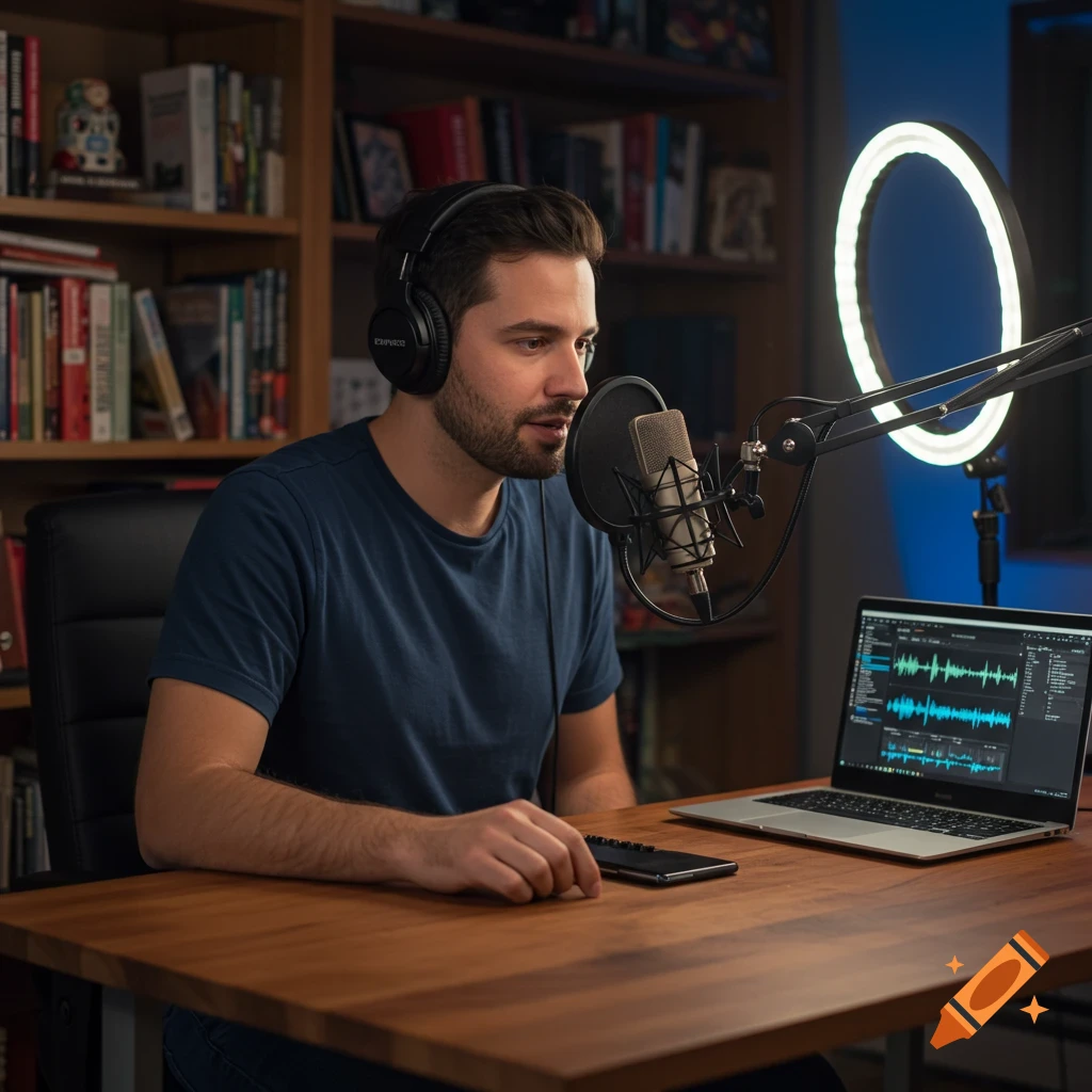 A man wearing headphones speaks into a studio microphone, recording a podcast on his laptop, with a ring light in the background.