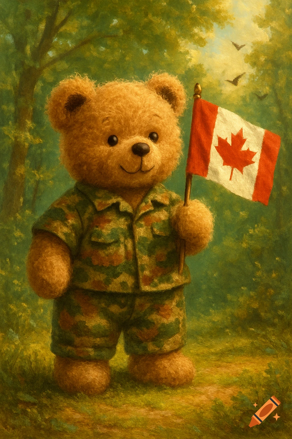 A cute, fuzzy teddy bear in a camouflage uniform holds a Canadian flag in a painted forest illustration.