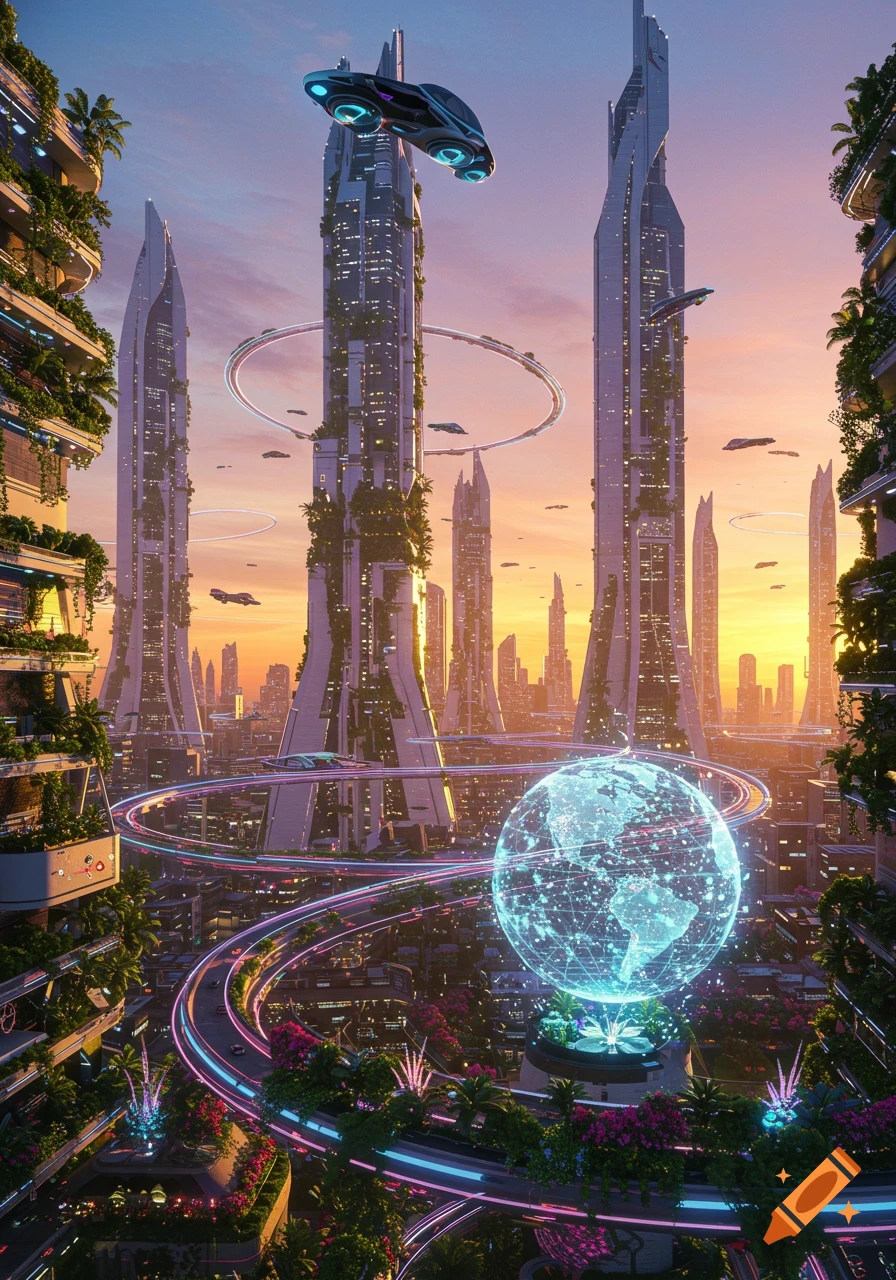 A vibrant futuristic city at sunset with towering skyscrapers, flying vehicles, glowing highways, and a holographic Earth globe.