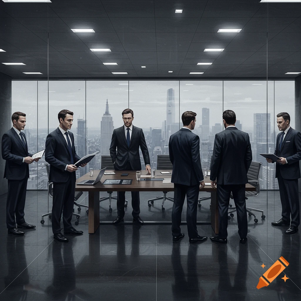 Six businessmen in suits standing around a conference table in a modern office with a city skyline view.