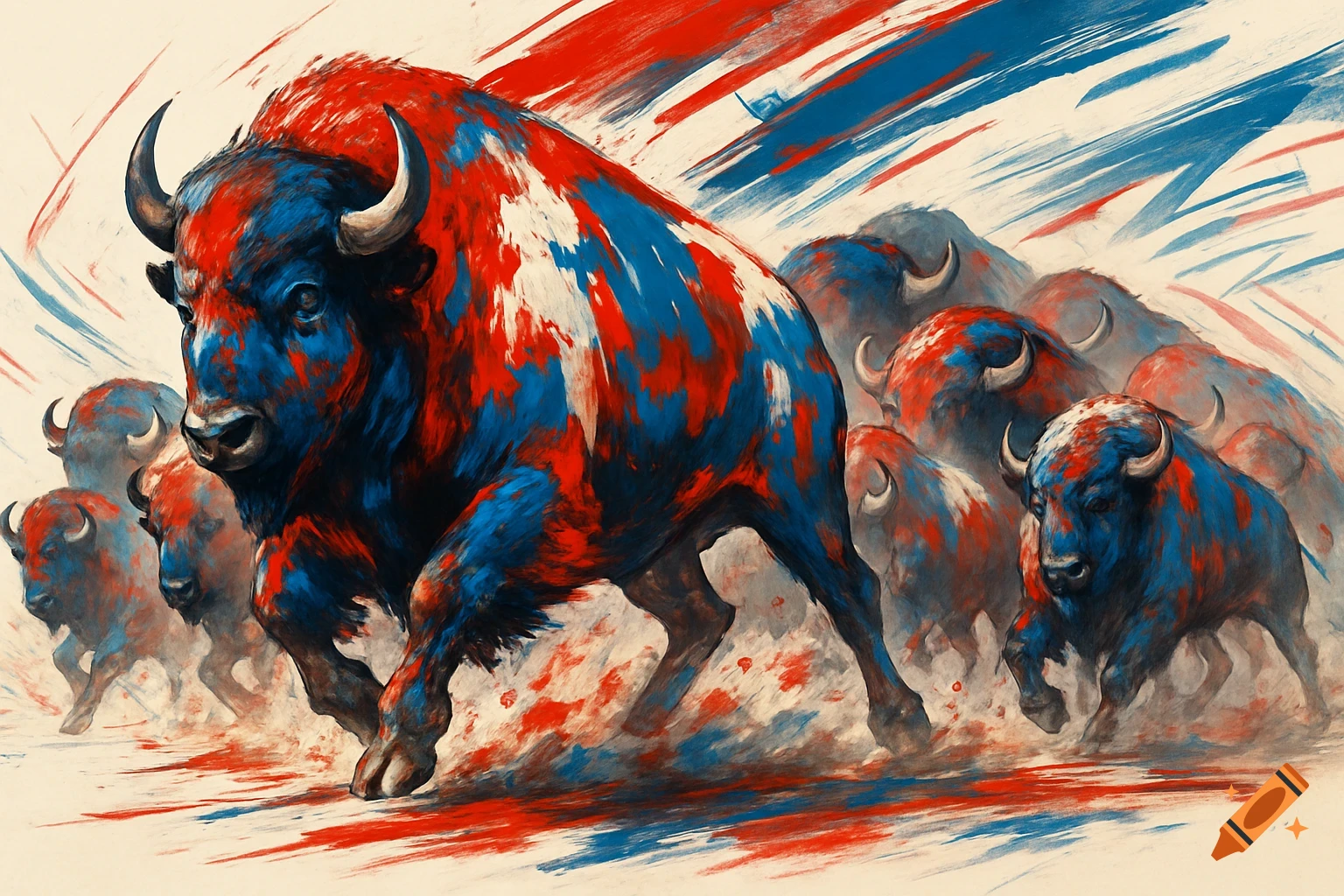 Group of buffalo running in a stampede, painted with dynamic red, white, and blue brushstrokes.