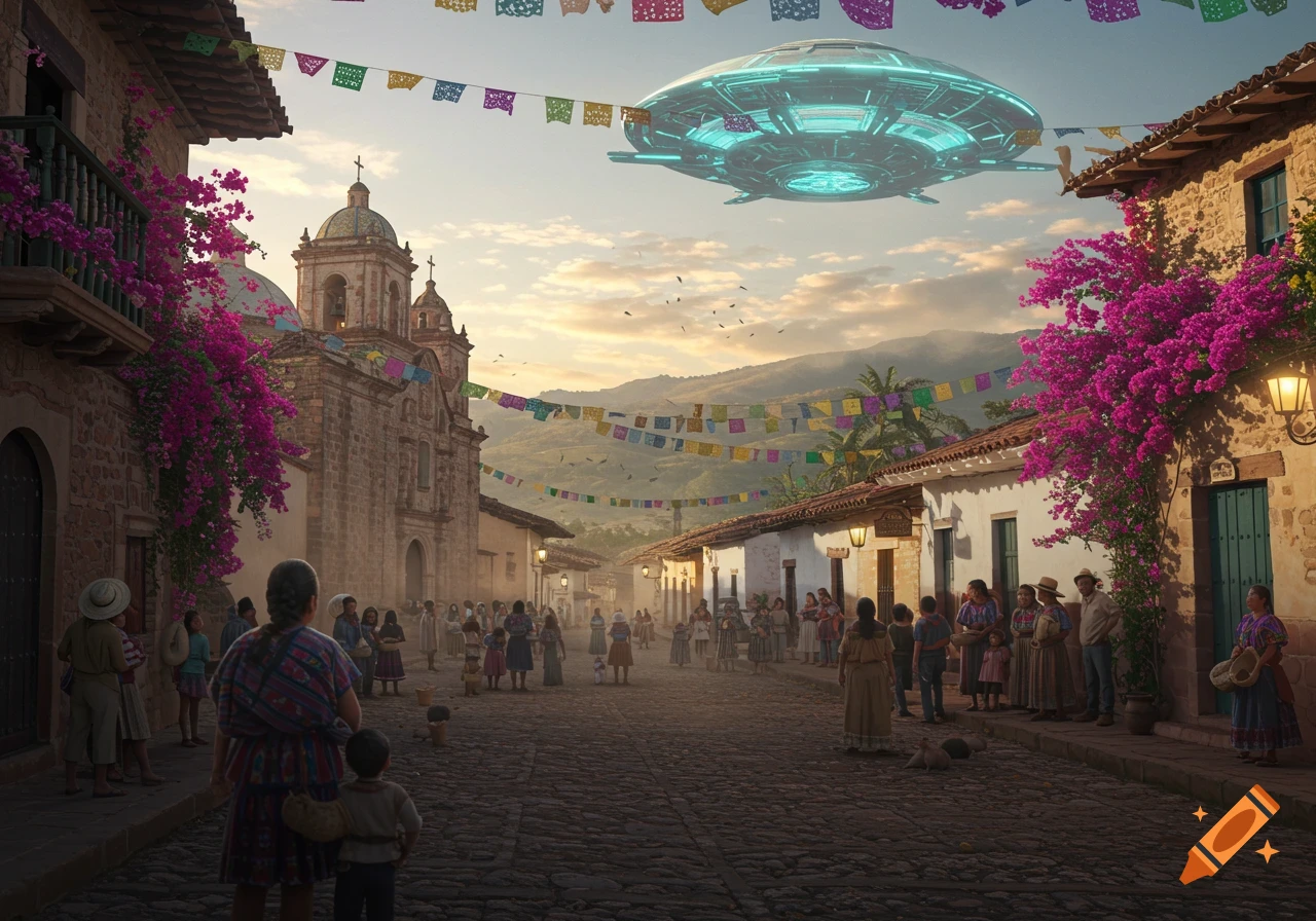 Photorealistic UFO hovers over a bustling Latin American village street decorated with colorful banners at sunset.