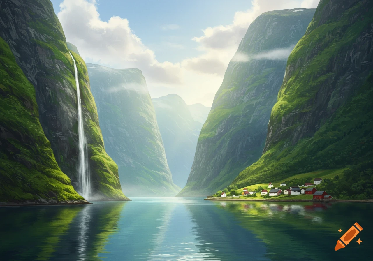 A serene fjord landscape featuring steep green mountains, a towering waterfall, calm blue water, and a small village.