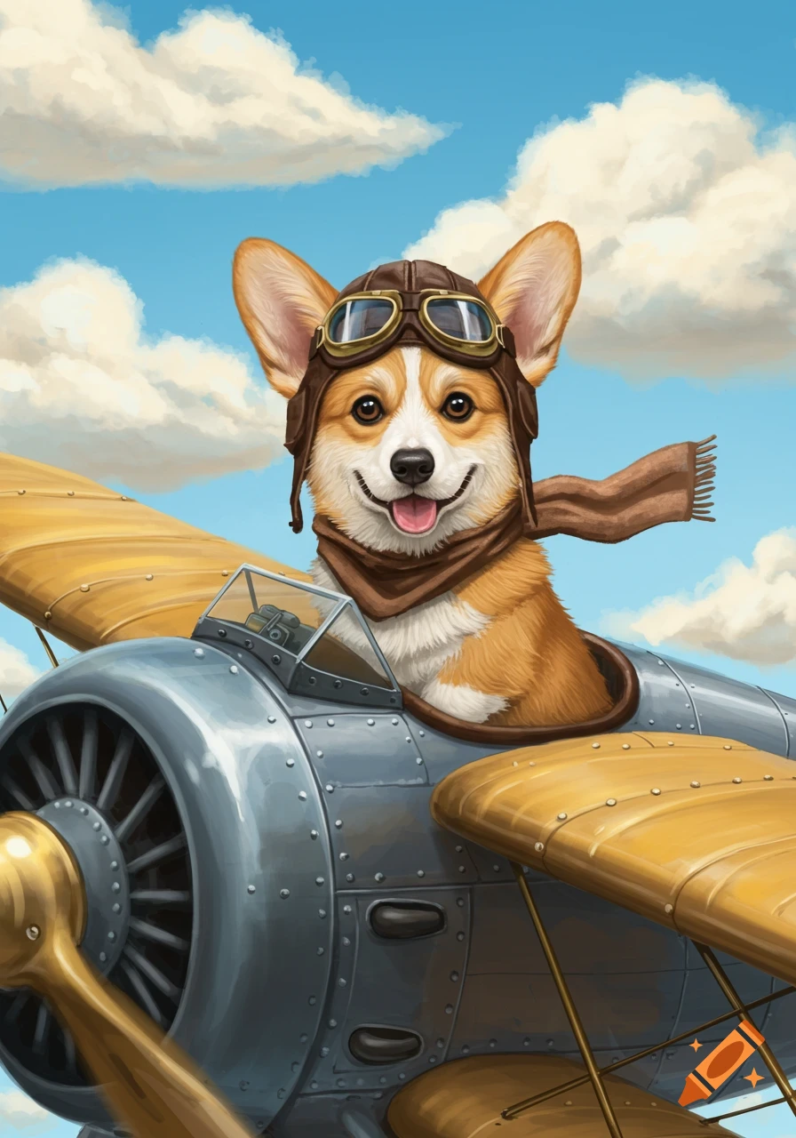 A happy corgi pilot in a leather hat and goggles flying a biplane through a blue sky with clouds. Digital painting.