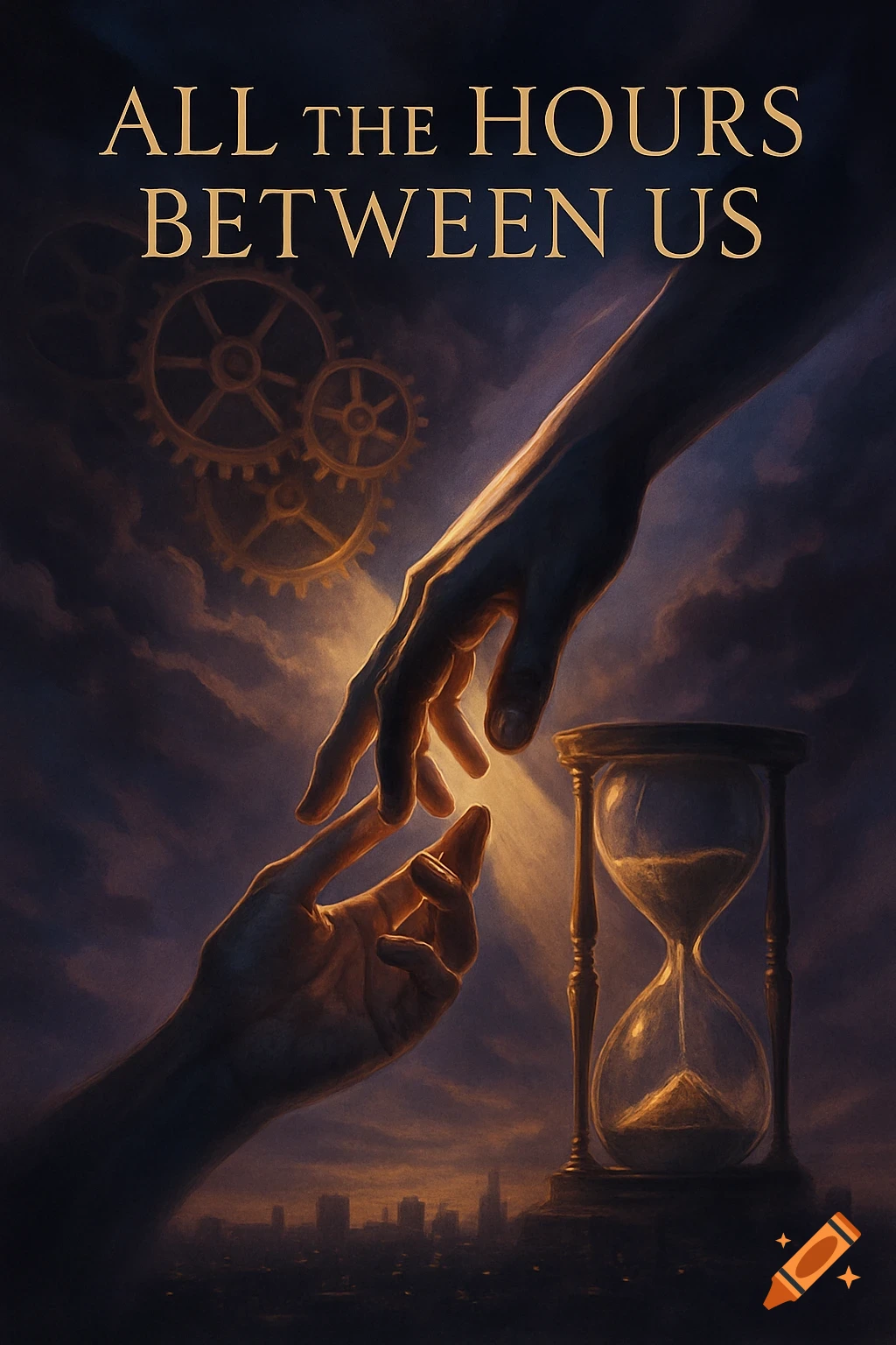 Dramatic movie poster: two hands reach towards each other, an hourglass, gears, and a city skyline under a dark sky. Title 'ALL THE HOURS BETWEEN US'.