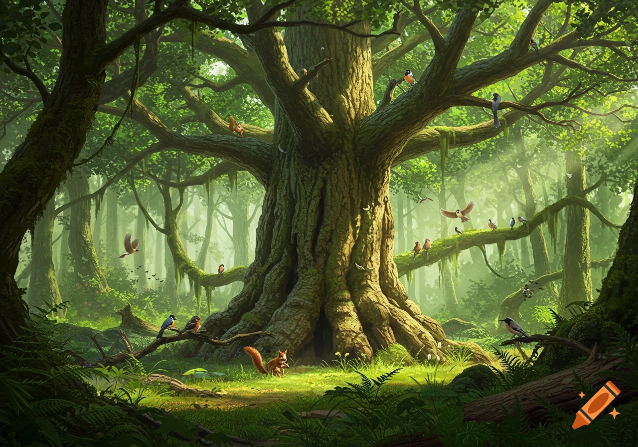 Lush green forest scene with a huge ancient tree, various birds, and squirrels amidst sunlit foliage. Digital painting.