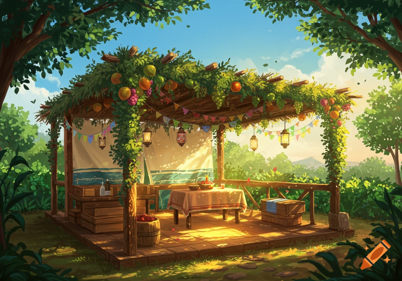 An inviting sukkah, decorated with fruits, lanterns, and colorful banners, bathed in sunlight in a lush garden, illustration.