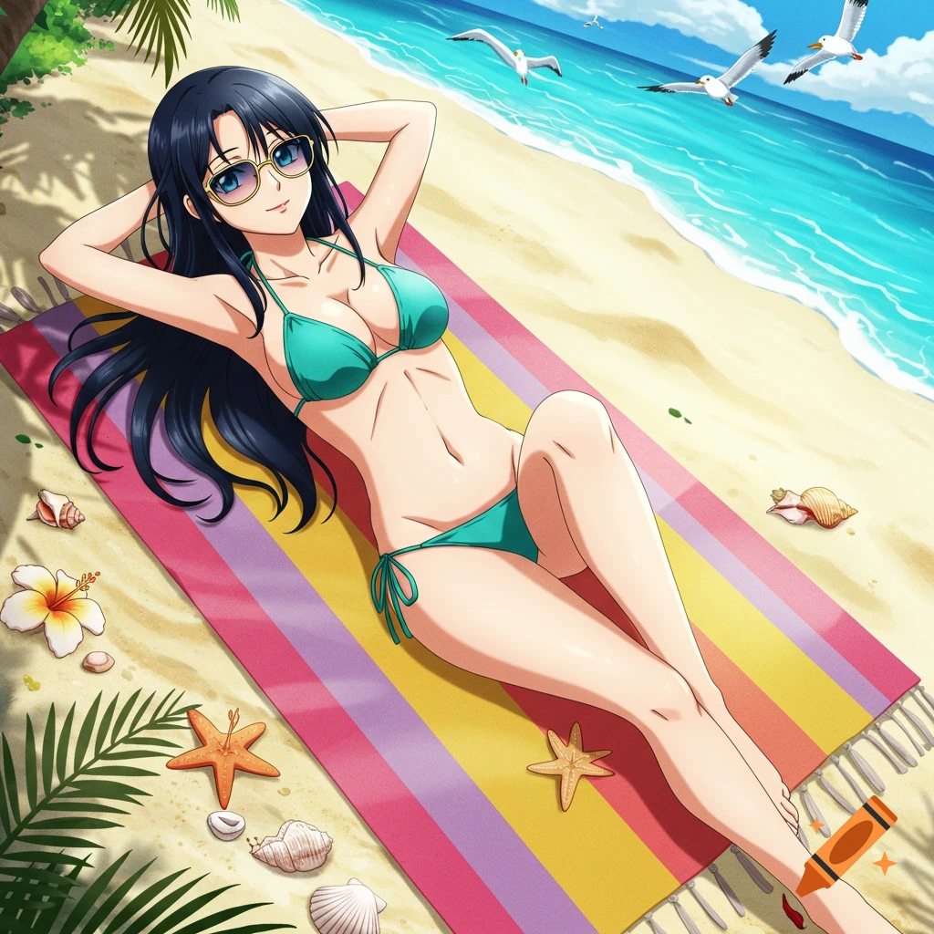 An anime woman with long dark hair and sunglasses, wearing a teal bikini, sunbathing on a striped towel on a sandy beach. Seagulls fly overhead.