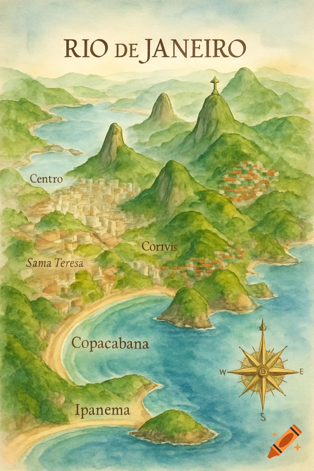 A watercolor map of Rio de Janeiro showing mountains, bays, and city areas like Centro, Copacabana, and Ipanema, with a compass rose.