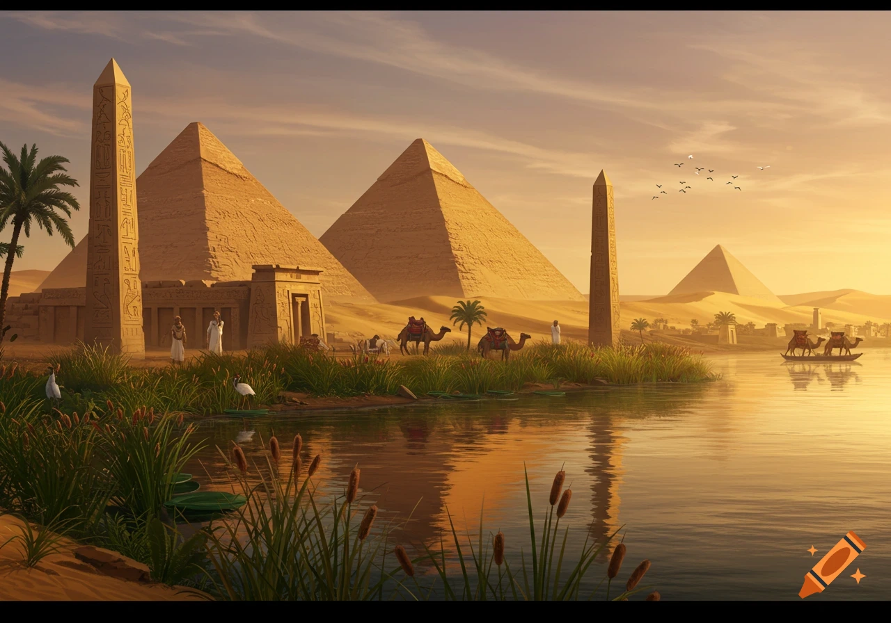 An epic golden hour view of ancient Egyptian pyramids and obelisks with a river in the foreground and camels on the bank.