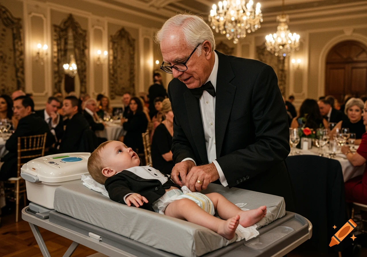 An elderly man in a tuxedo changes a baby's diaper on a changing table at a formal banquet hall event.