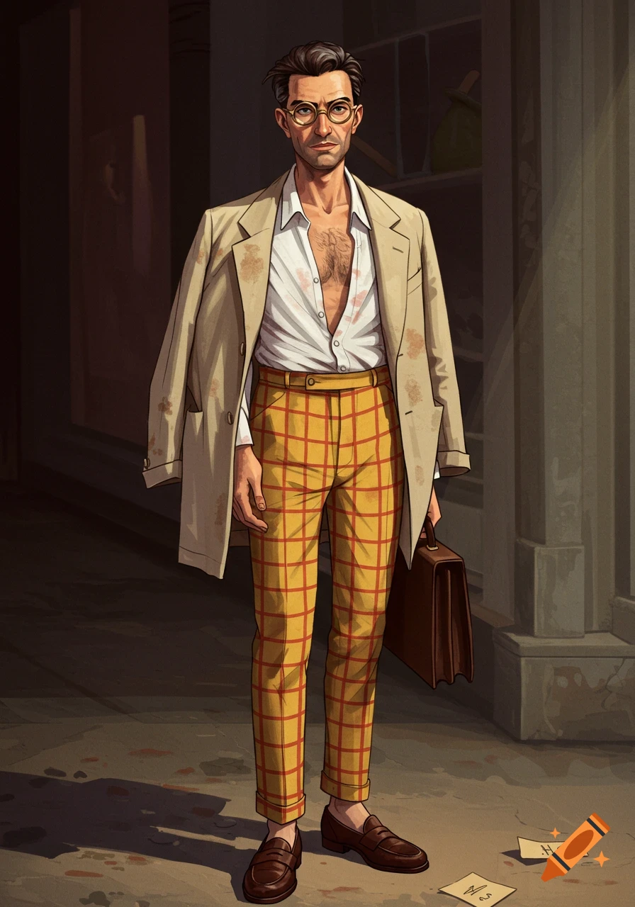 A cartoon man in a discolored white shirt, a beige jacket over his shoulder, bold yellow and red plaid trousers, and brown loafers, holding a briefcase.