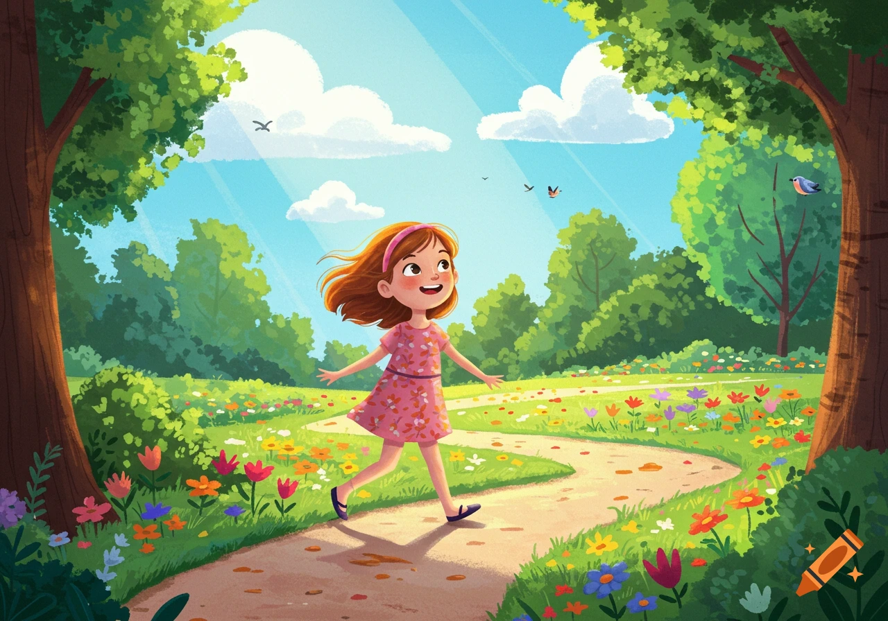 A cheerful cartoon girl with red hair walks along a path in a sunny, flower-filled park with green trees.