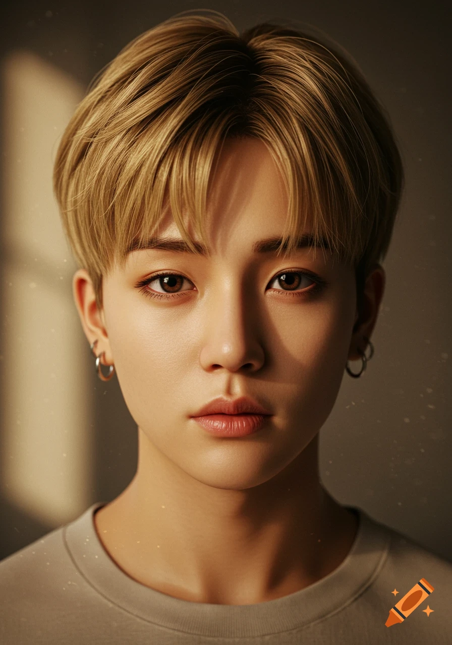 Close-up portrait of a young person with short blonde hair and brown eyes, wearing hoop earrings. Photorealistic style.