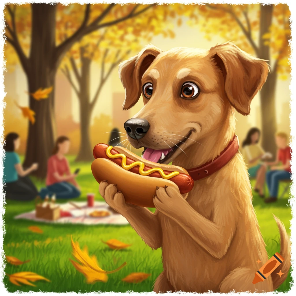 A cartoon dog holds a hot dog with mustard in an autumn park, with blurred picnickers in the background.