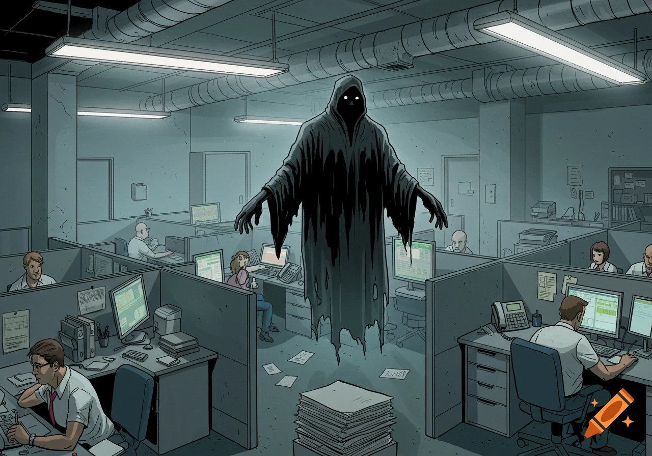 A Dementor-like ghost hovers in a mundane office filled with bored employees working at their desks, in a comic illustration style.
