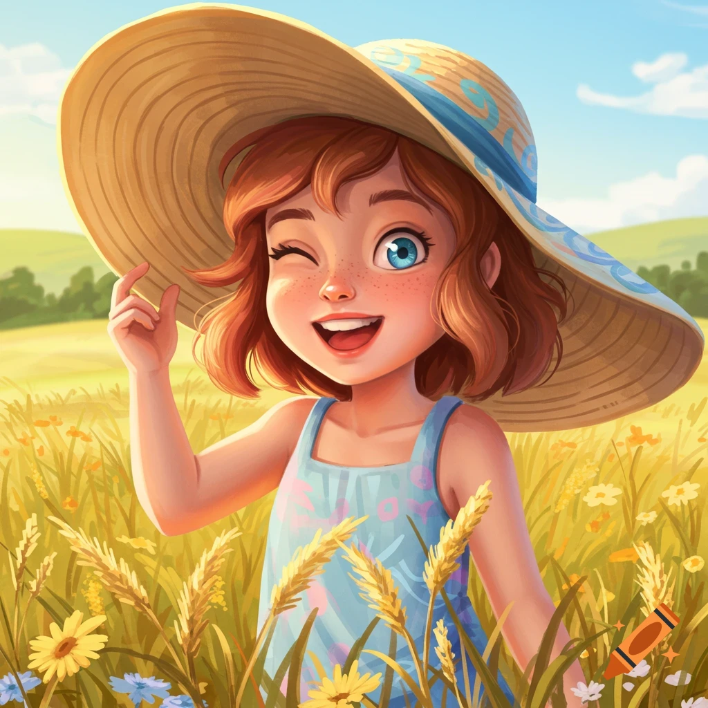 A bright cartoon illustration of a winking, smiling young girl with a sun hat in a sunny field.