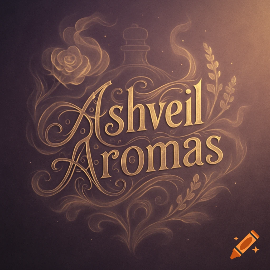 Golden 'Ashveil Aromas' logo with elegant script, floral accents, and perfume bottle silhouette on a dark background.