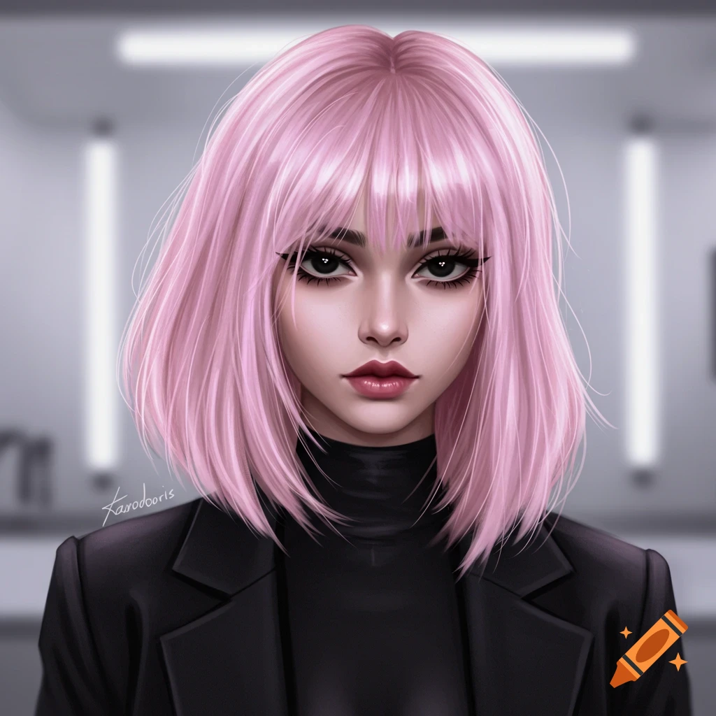A stylized digital art portrait of a woman with pastel pink bob hair and bangs, dark eye makeup, and a black turtleneck and blazer.