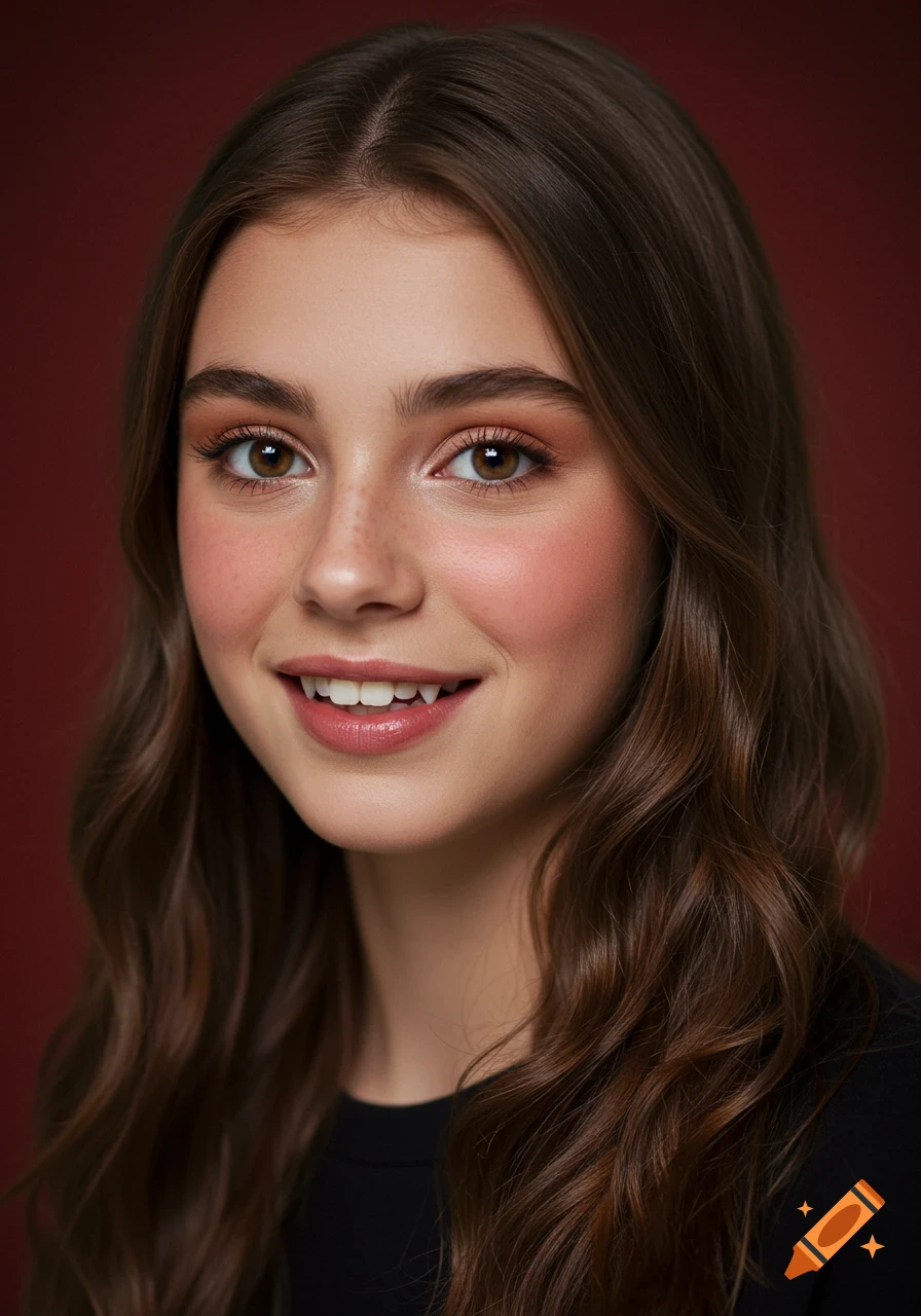 Photorealistic portrait of a smiling young woman with brown wavy hair and brown eyes against a dark red background.