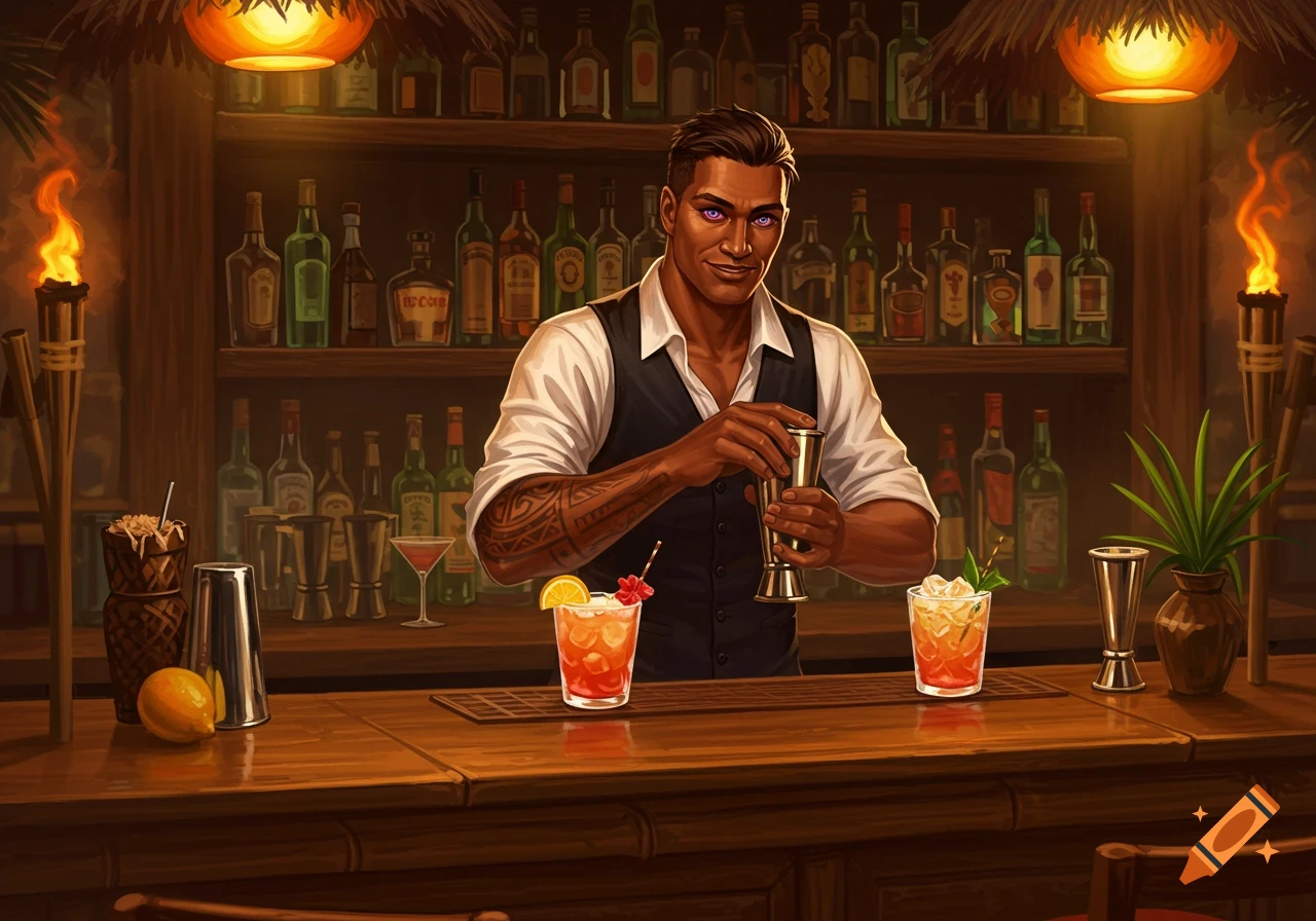 A male Pacific Islander bartender with purple eyes and arm tattoos smiles while mixing a cocktail at a tiki bar.