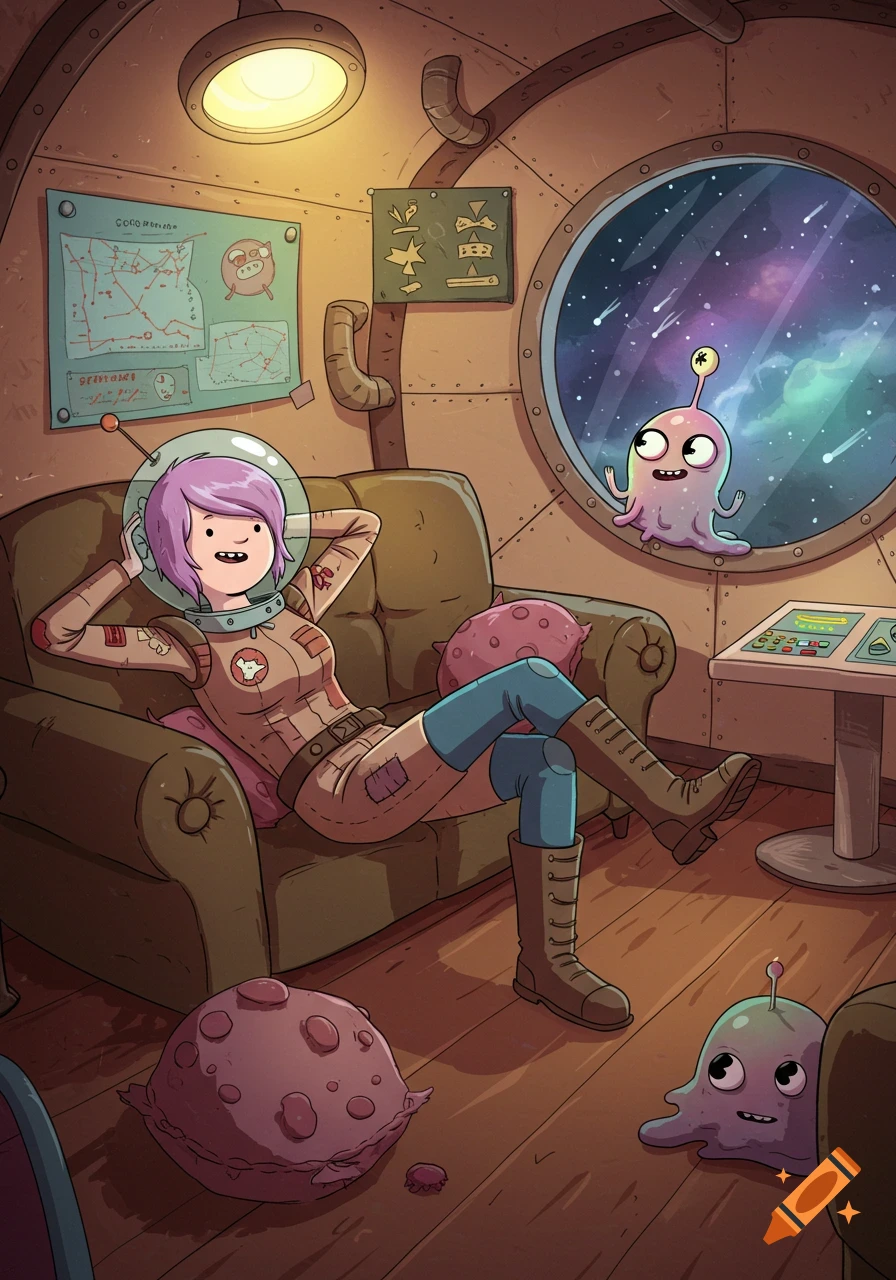 A pink-haired astronaut lounges in a cozy spaceship lounge with two aliens, gazing at a starry galaxy through a porthole, in Adventure Time style.