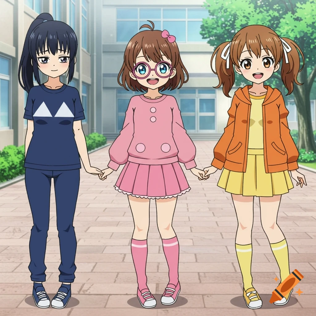 Three anime schoolgirls, one in blue, one in pink, and one in orange, holding hands in front of a school building.