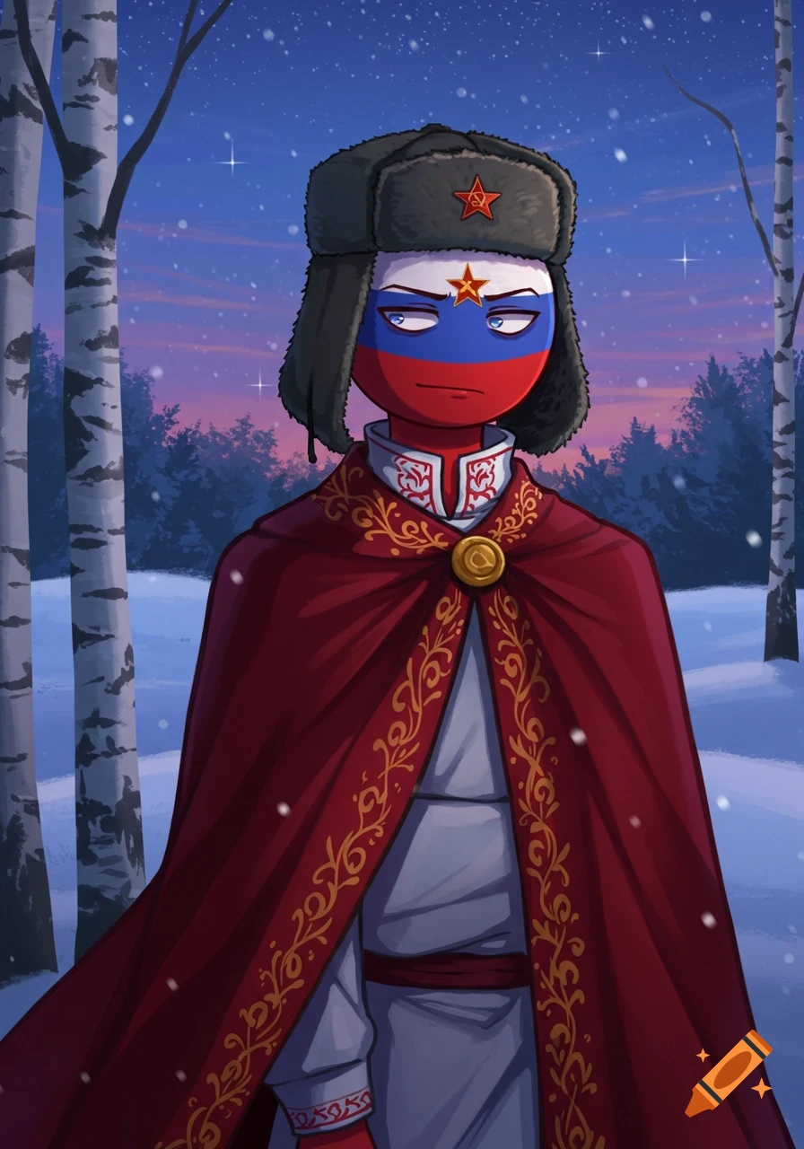 A cartoon character representing Russia, with the flag as its face, wearing a ushanka and red cape in a snowy forest at twilight.