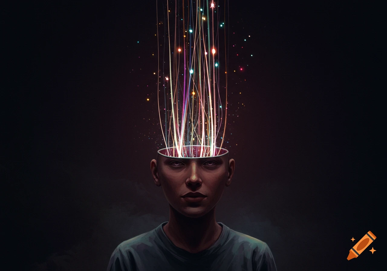 A person's head with the top open, emitting colorful light strings against a dark background in a stylized art style.