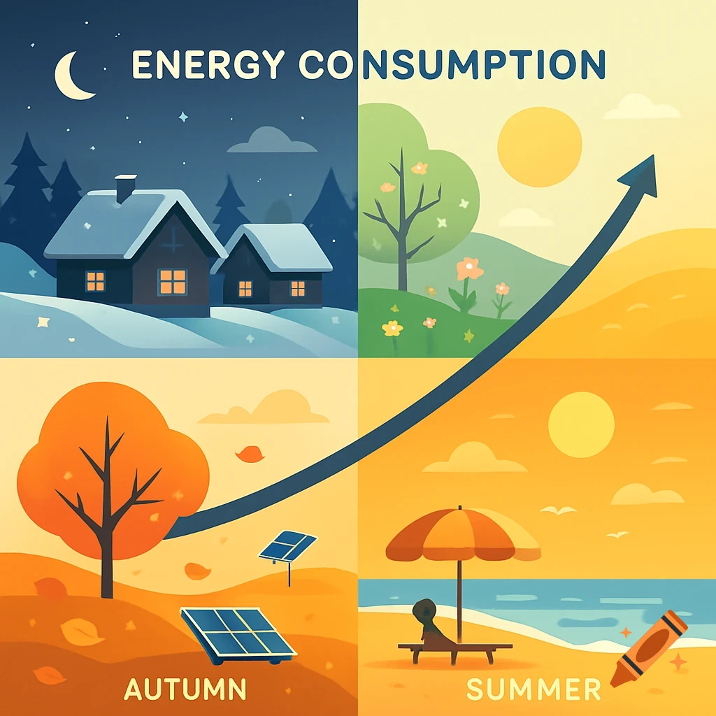 Stylized illustration depicting seasonal energy consumption in four quadrants: winter, spring, autumn with solar panels, and summer.
