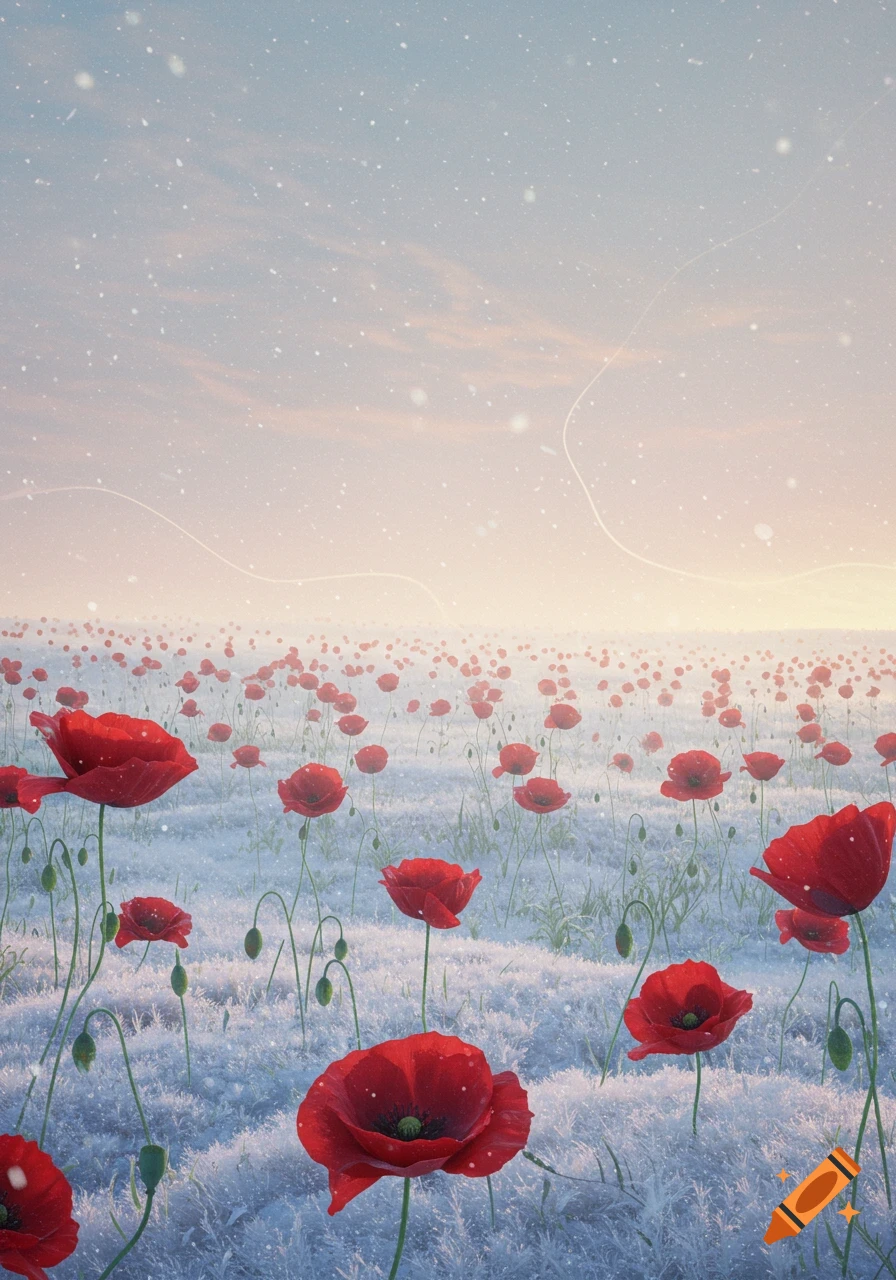 A vast field of vibrant red poppies lightly covered in frost or snow under a soft, hazy sky.