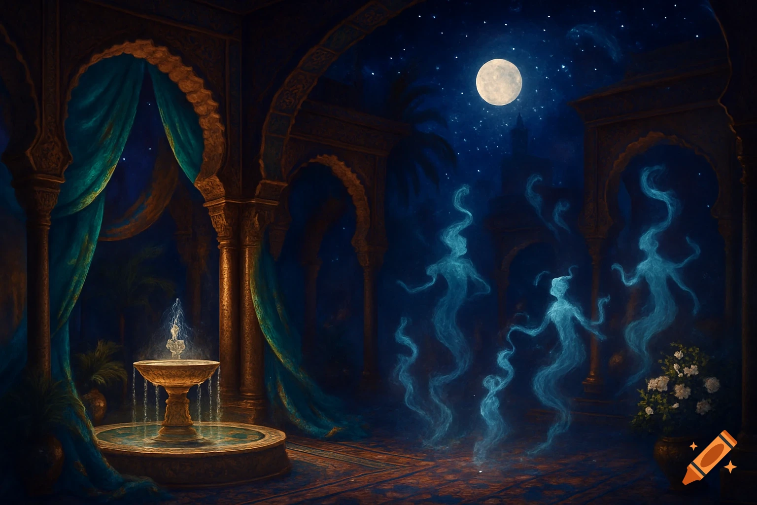 A fantastical moonlit scene with glowing blue genie figures dancing in an ornate Arabian palace courtyard around a decorative fountain.