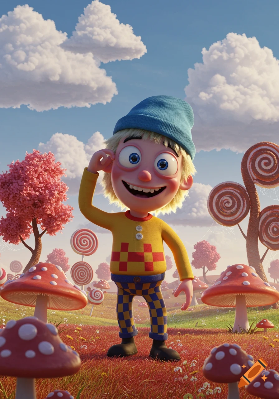 A cartoon boy in a blue beanie and checkered pants smiles in a whimsical candy land with red mushrooms and lollipop trees under a blue sky.