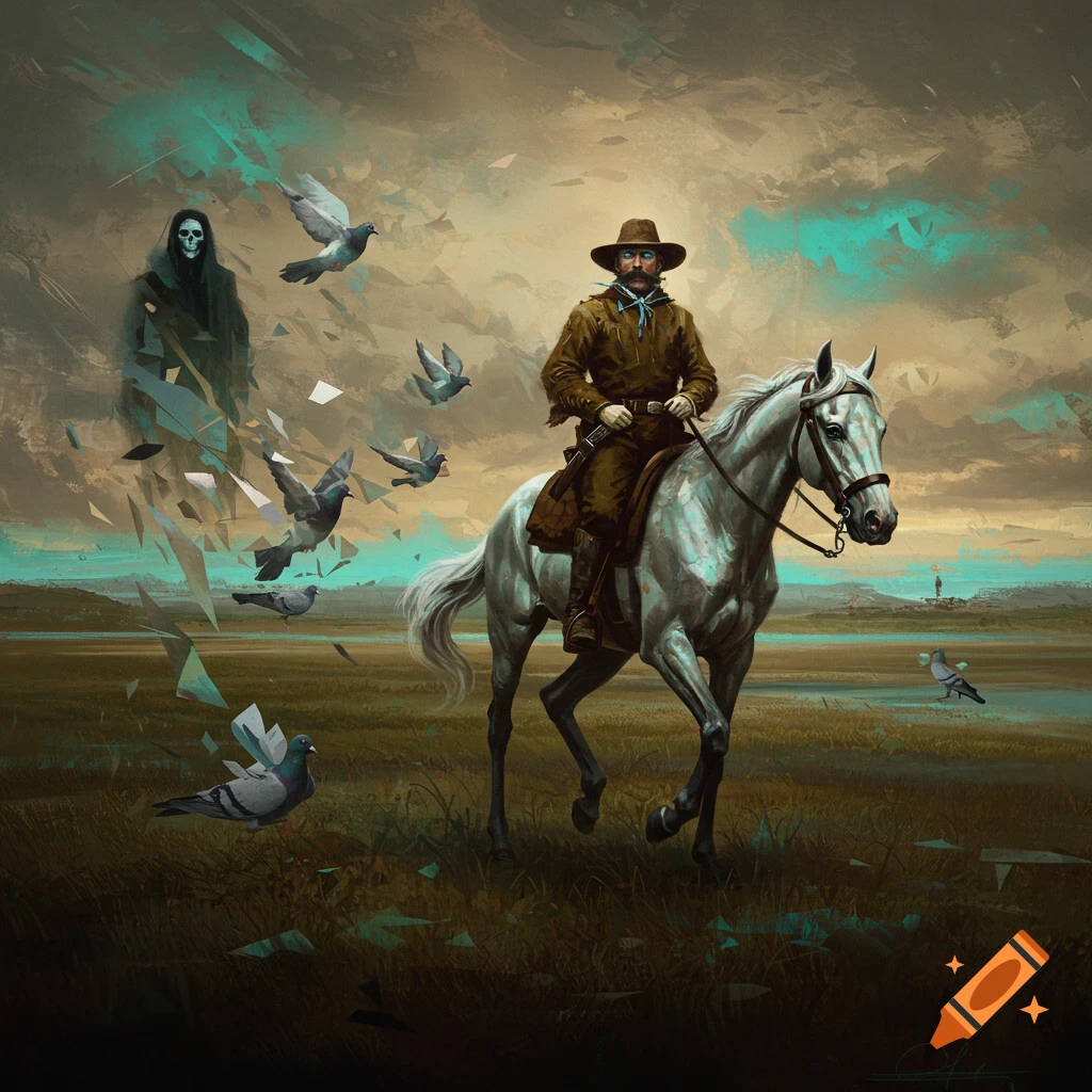 An oil painting of a cowboy on a white horse with glowing eyes, a grim reaper, and pigeons in a surreal, stormy landscape.