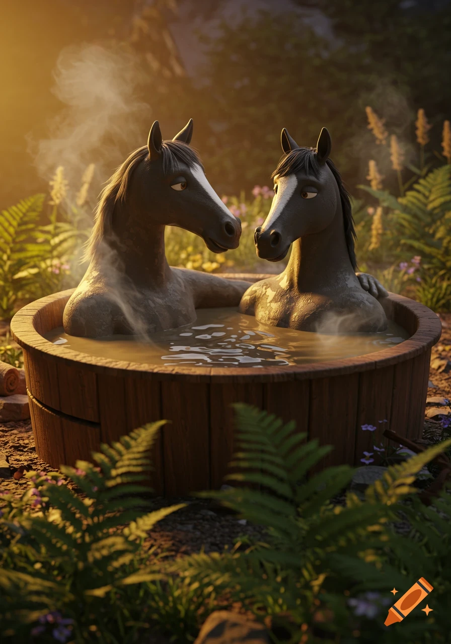 Two animated horses relax in a steaming wooden hot tub in a lush outdoor setting.