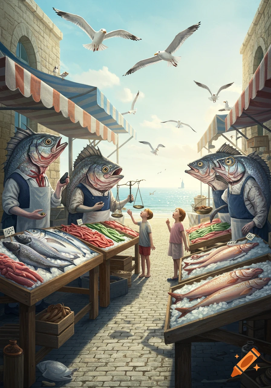 Fish-headed merchants in aprons sell fish to two small children at a bustling seaside market under a bright sky with seagulls flying.