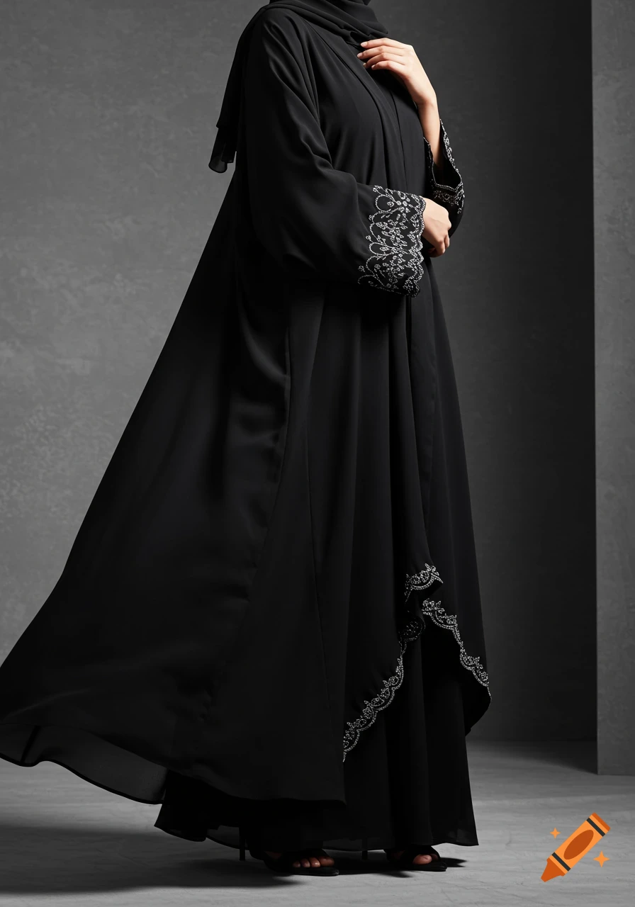 Close-up of a person in a black abaya with intricate silver embroidery on the sleeves and hem, against a dark grey background.