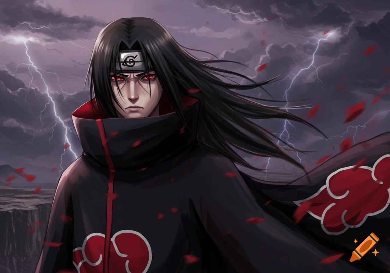 An anime character resembling Itachi Uchiha with long black hair and red eyes, wearing a black cloak with red clouds, stands in a stormy landscape with lightning.