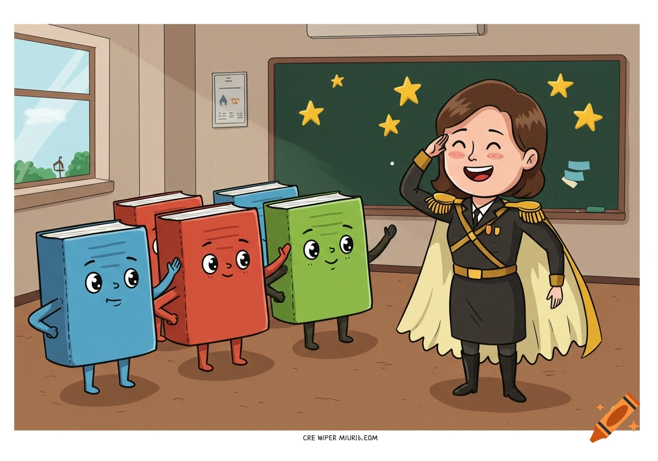 Cartoon of anthropomorphic books saluting a smiling female teacher dressed as a general in a classroom with stars on the blackboard.